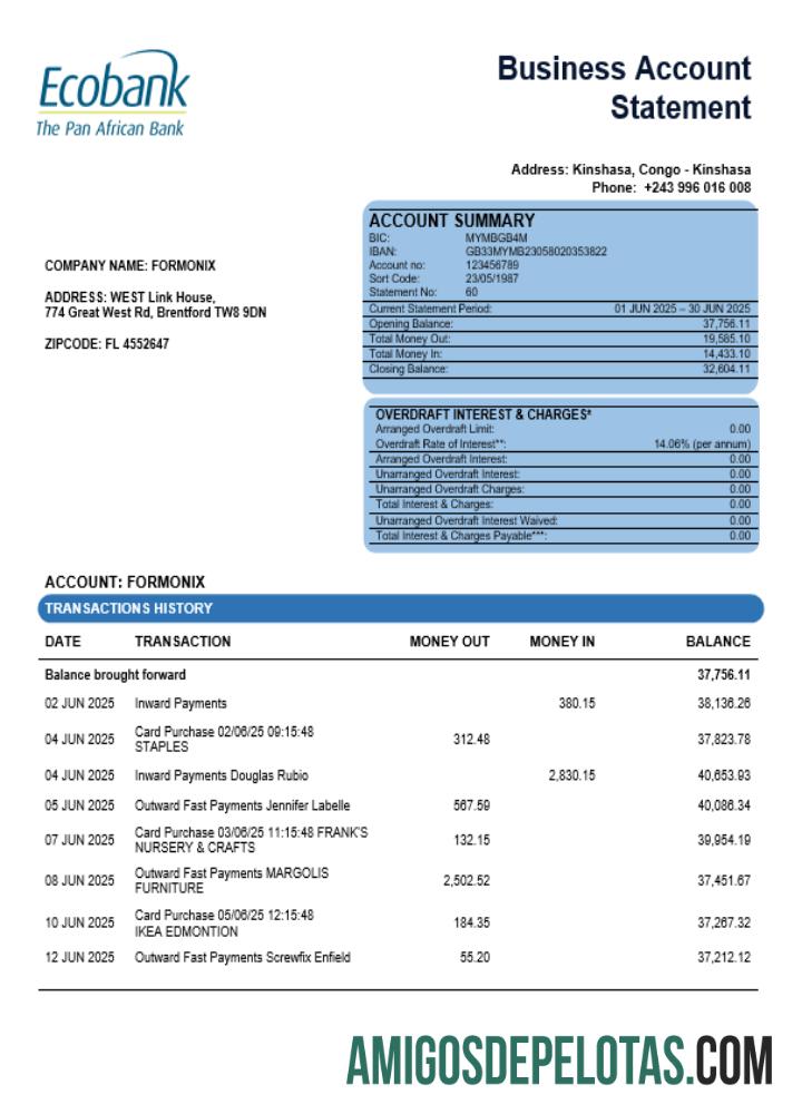 Imprimível Congo Ecobank Firm modelo de extrato de conta Word e PDF